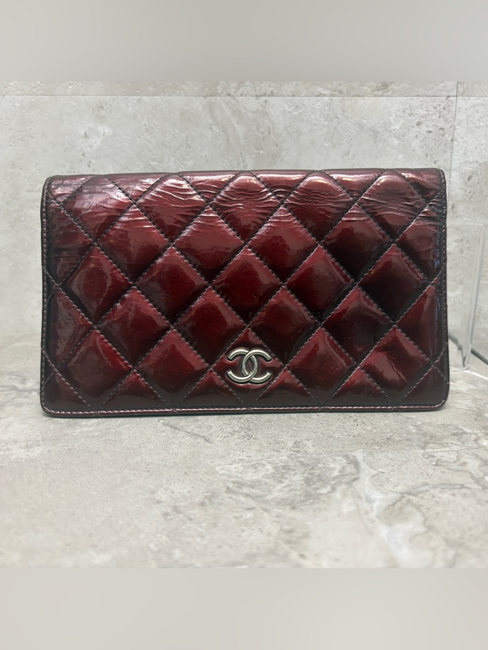 Chanel Burgundy Quilted Patent Leather Yen Long Wallet Vintage Y2K